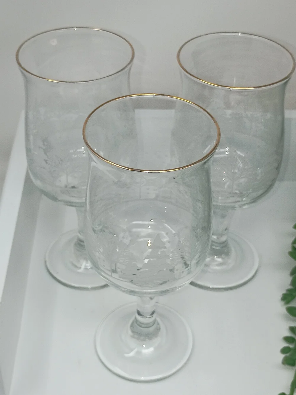 Vintage Libbey Winter Wonderland Wine Glasses with Gold Rim - Set of 3